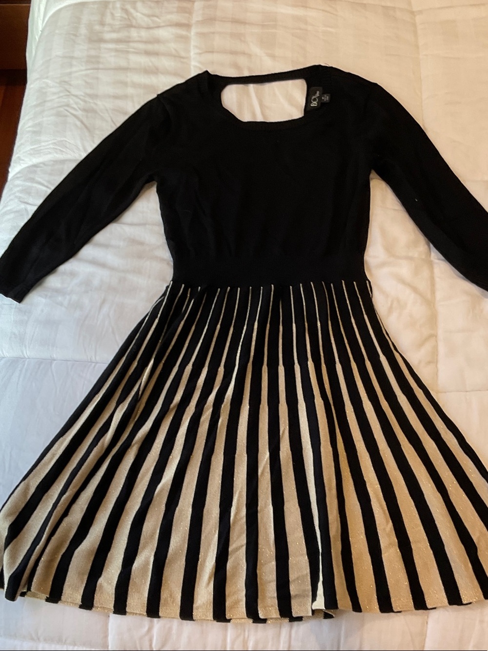 BCX Black & gold Striped Fit-and-Flare sweater Dress, medium